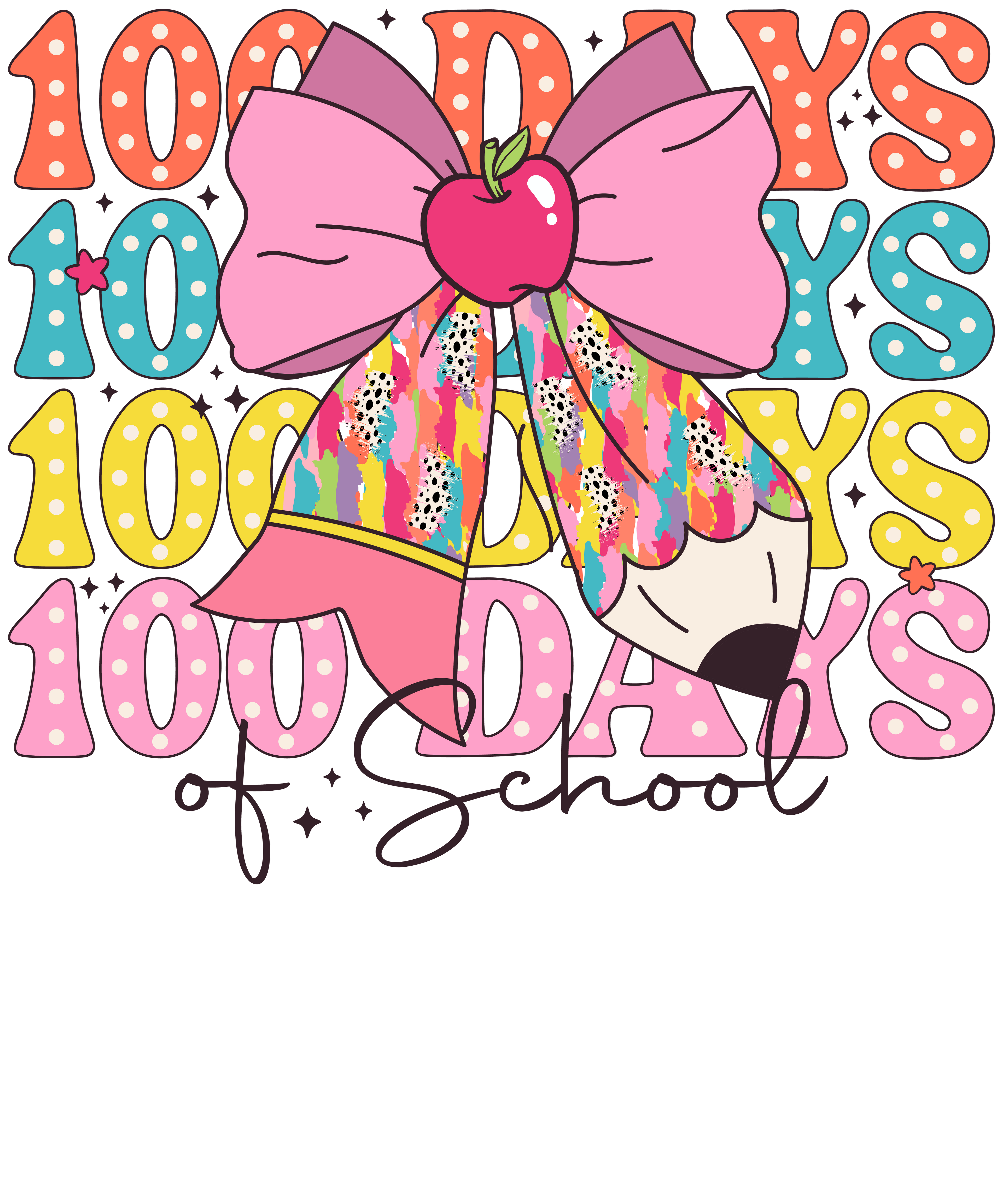 Back to School 357 - Pencil Bow Coquette Brushstroke Colorful 100 Days Of School300