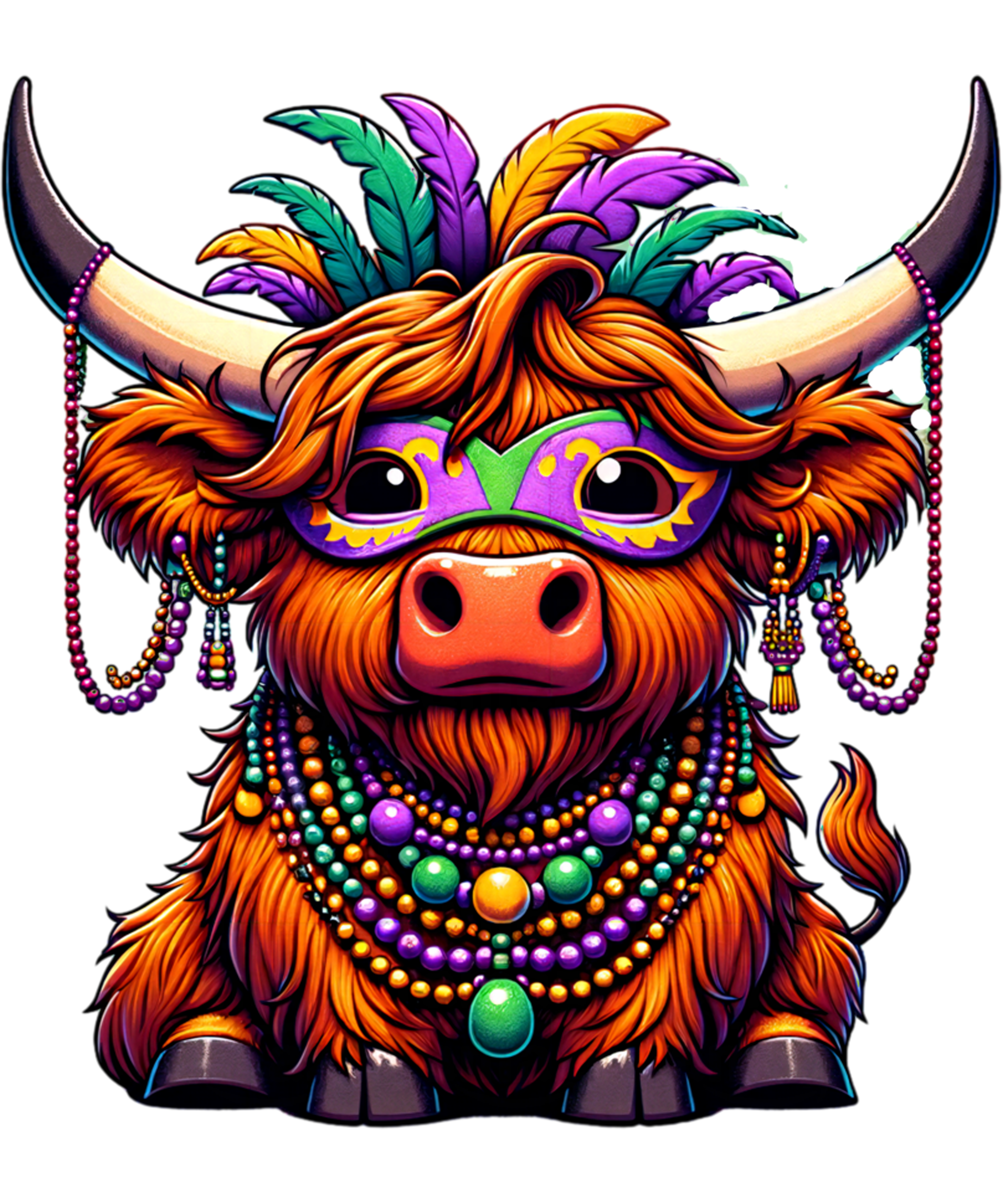 Mardi Gras 612 - Mardi Gras Highland Cow Wearing Costume Beads Sweatshirt
