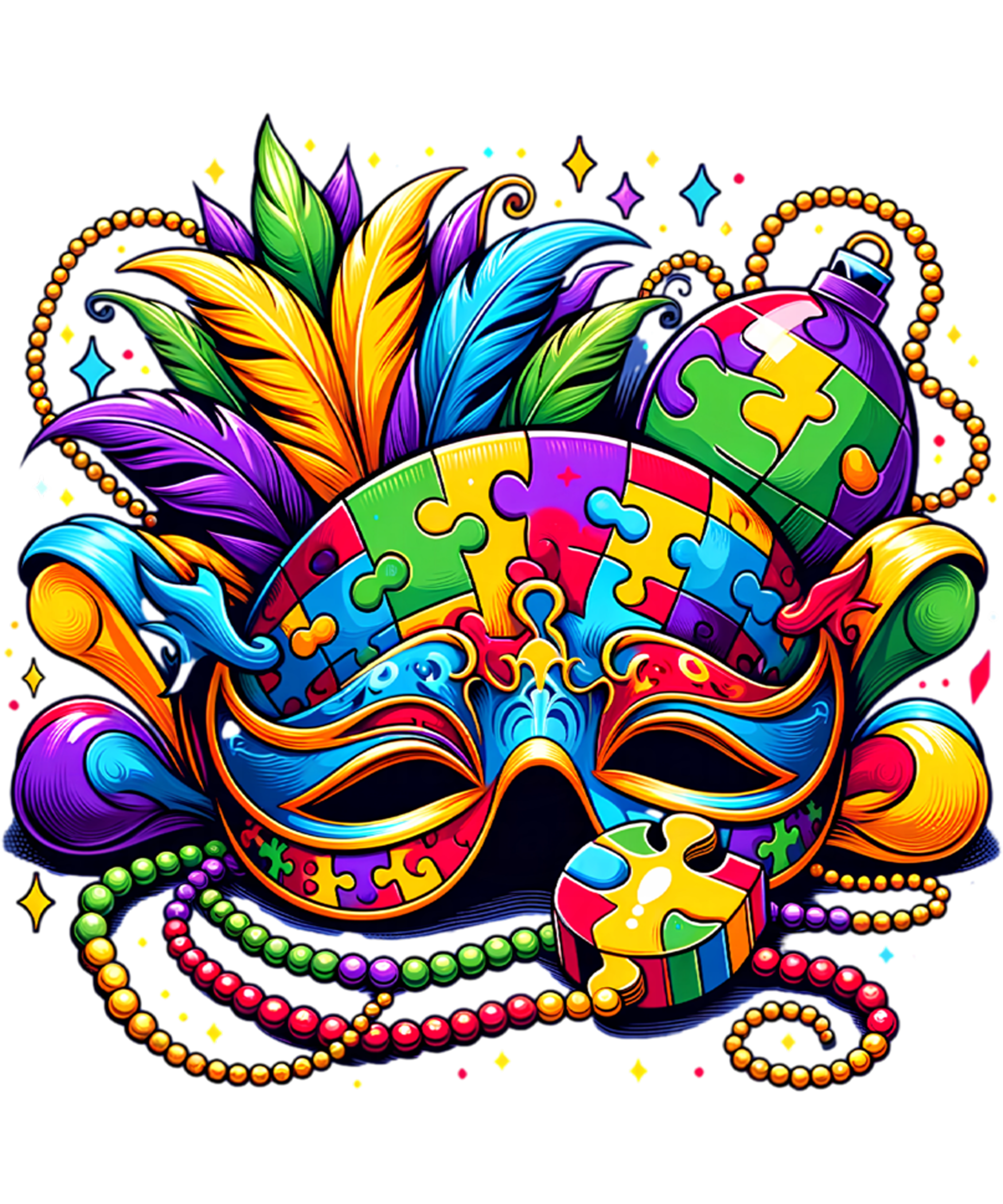 Mardi Gras 558 - Mardi Gras Autism Awareness Mask Feathers Puzzle Sweatshirt
