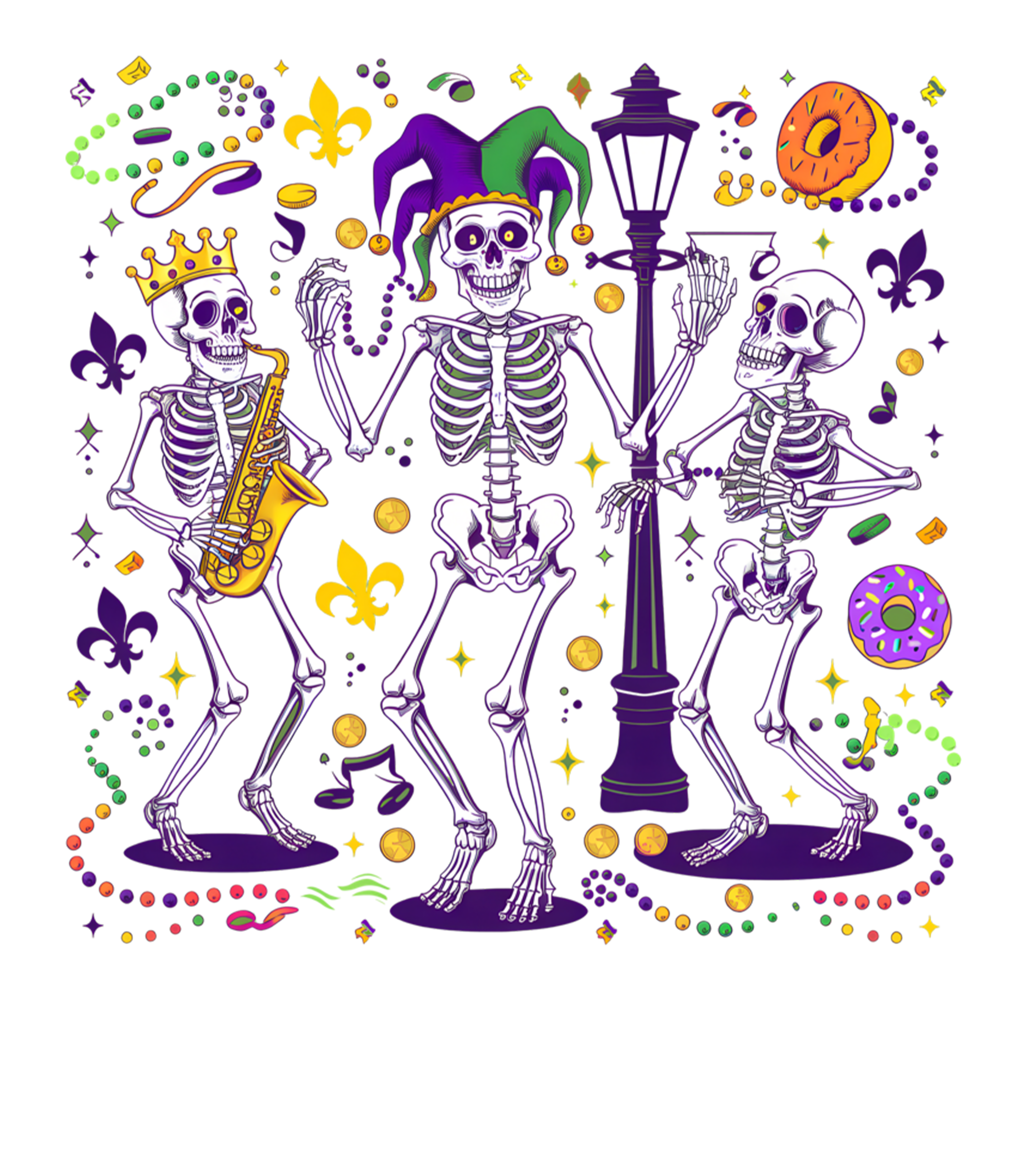 Mardi Gras 854 - Merch Mardi Gras Party Carnaval Parade Jester Dancing Skeleton Long Sleeve T Shirt